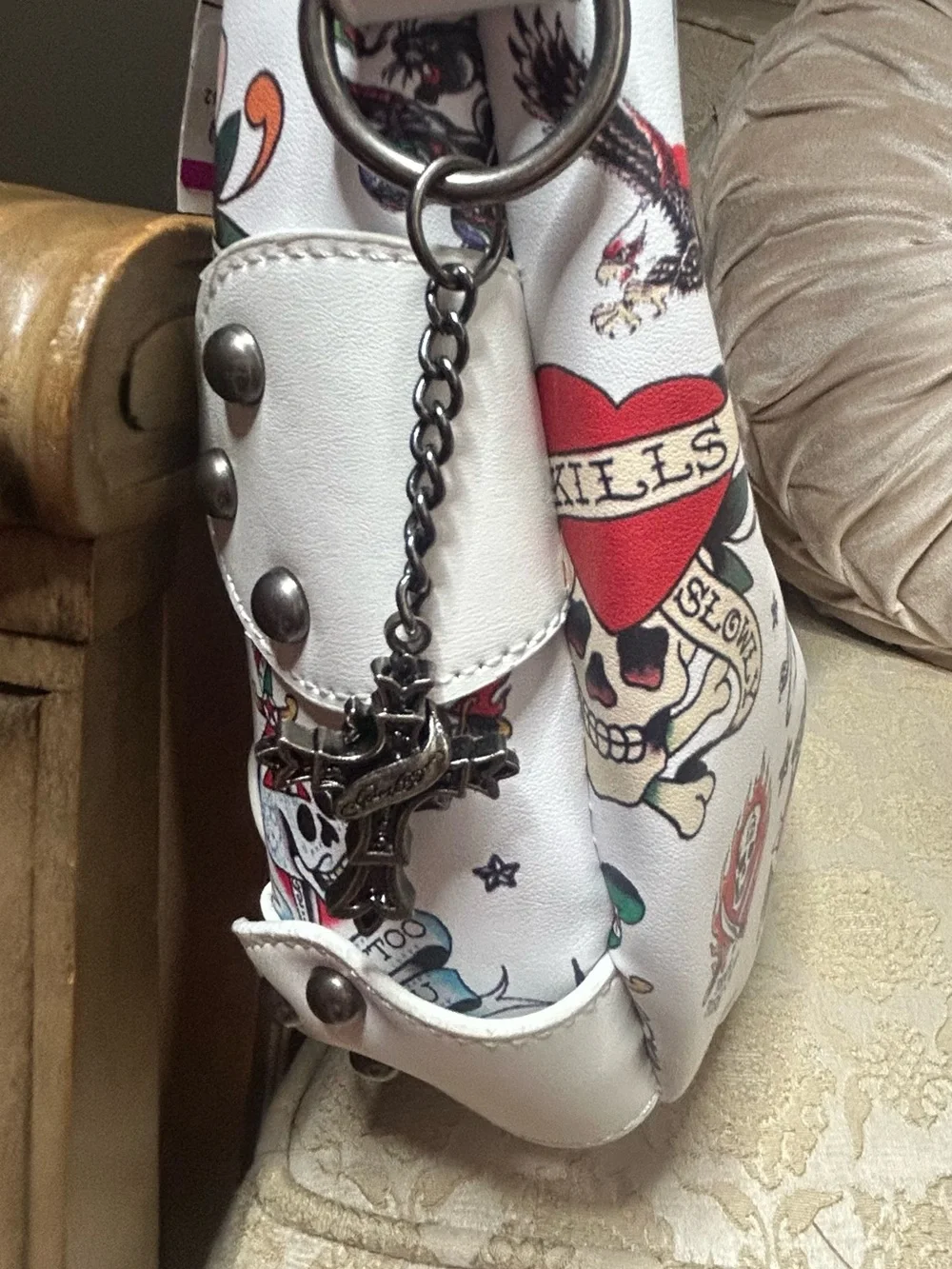 NWT Ed Hardy White Tattoo Studded Hobo Shoulder Bag Y2K Skull Tiger Purse